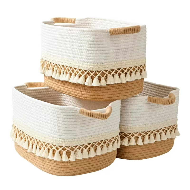 Pack 3 Canasto Tejido Bordado con Asas Cesta Cuadrada para Organizar