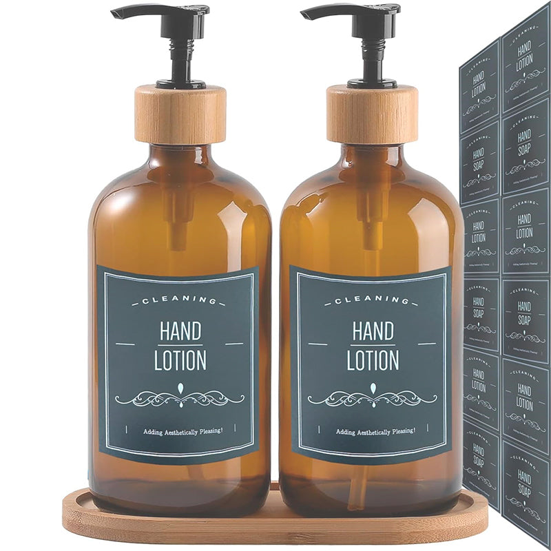 2 Dispensador De Jabon Botella Vidrio Ambar 500 Ml + Bandeja Marrón
