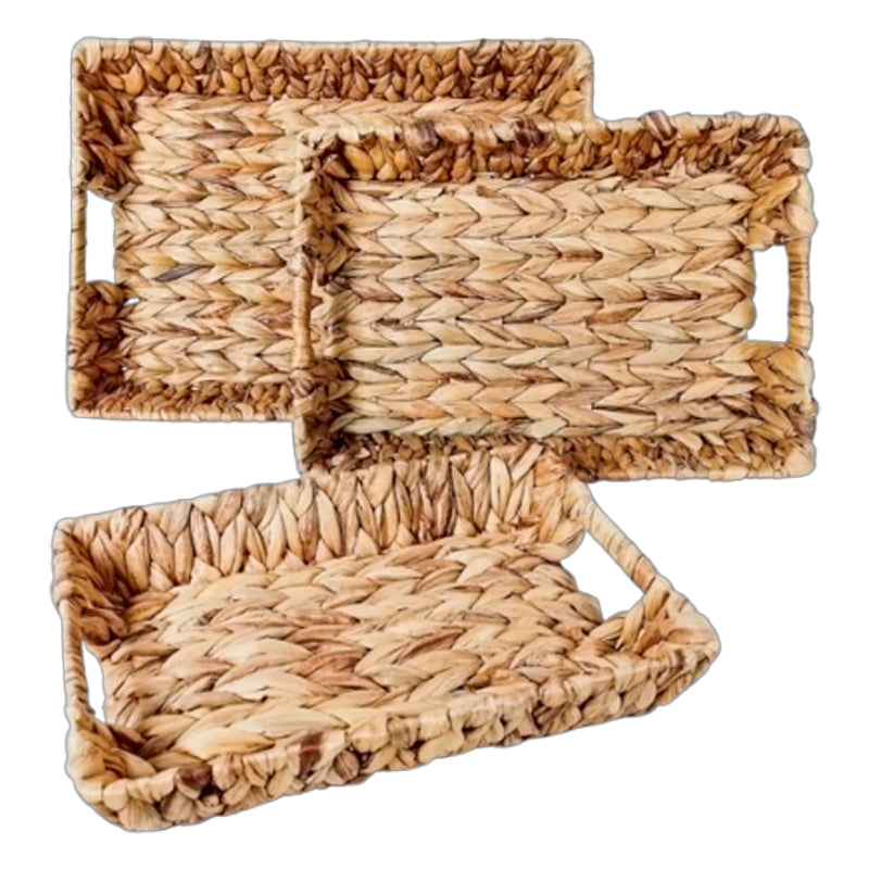 Set 3 Cestas Bajas Bandejas Rectangulares De Almacenamiento Tejidas Cuerda De Yute Marrón