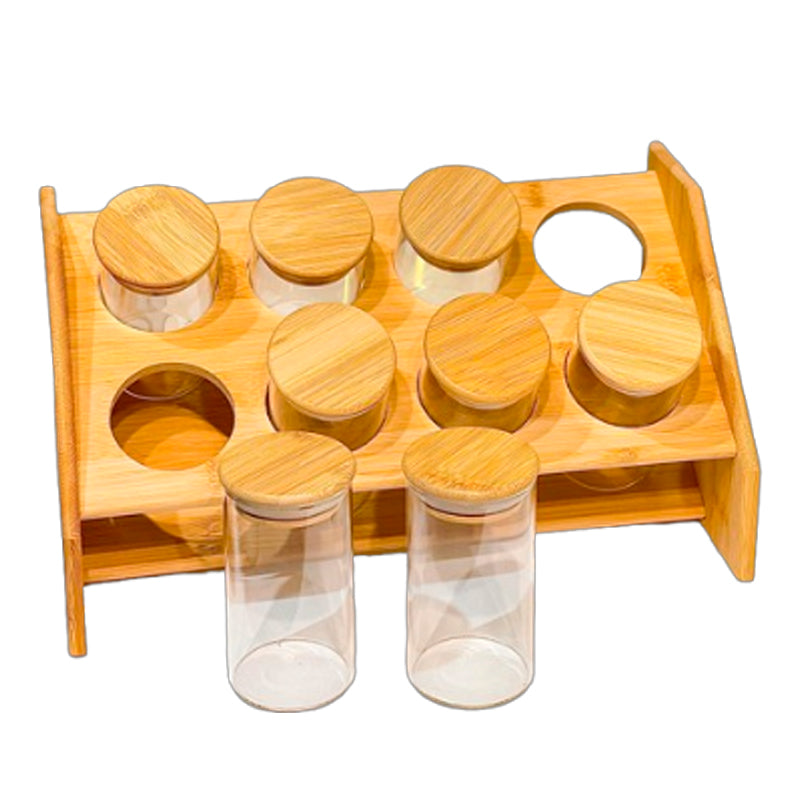 Set 8 Frascos Para Condimentos Vidrio Tapa Bambu + Soporte