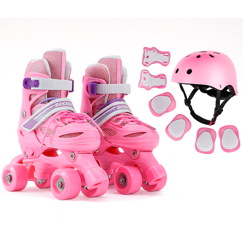 Patines 4 Rueda Rosa Ajustable Para Niña + Kit De Proteccion Rosado