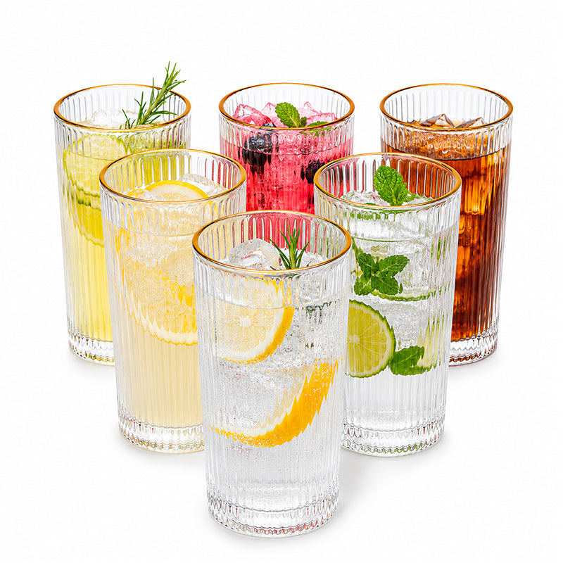 6 Vasos Vidrio Acanalado Borde Dorado 335ml Para Bebidas
