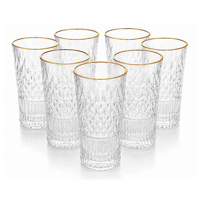 Pack 6 Vasos Premium Altos De Cristal Con Borde Dorado 335ml