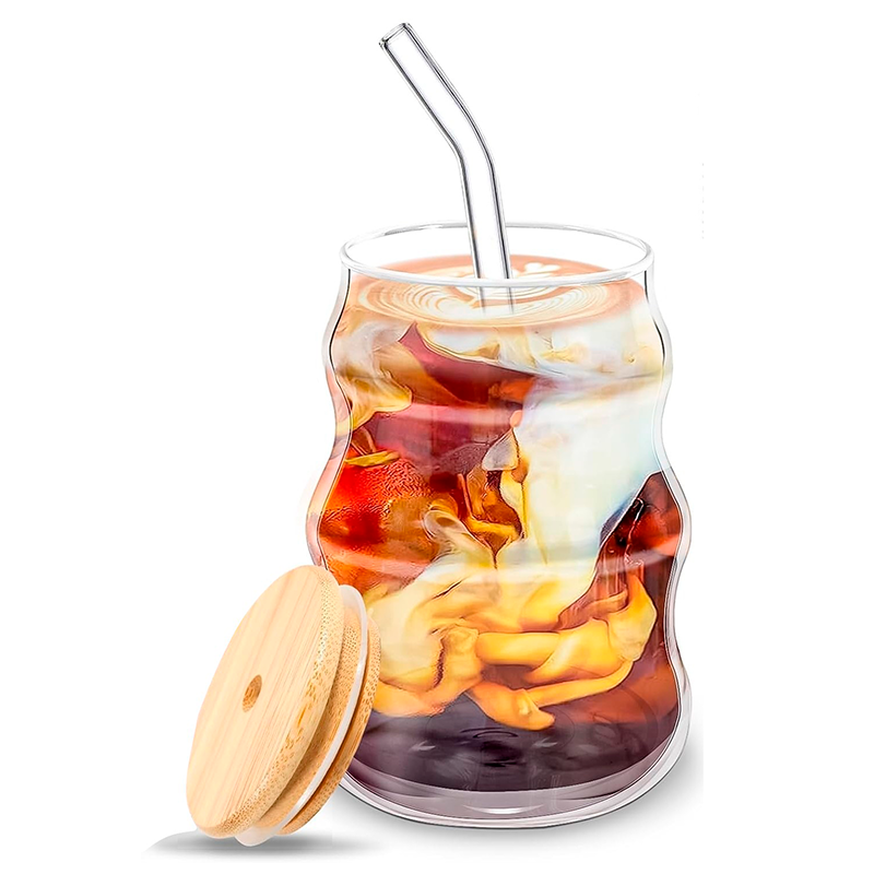 Vaso de Vidrio Ondulado con Tapa de Bambú y Bombilla 400ml
