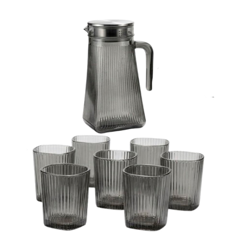 Juego de Jarra De Vidrio Moderna Con Tapa y 6 Vasos Diseño Acanalado