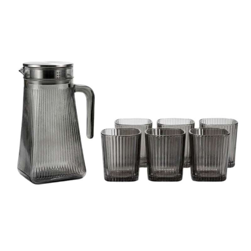 Juego de Jarra De Vidrio Moderna Con Tapa y 6 Vasos Diseño Acanalado
