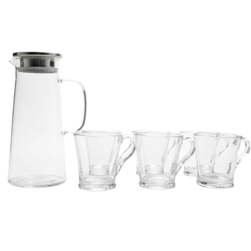 Juego de Jarra De Vidrio Elegante Con Tapa De Acero Inoxidable y 6 Tazas con Asa