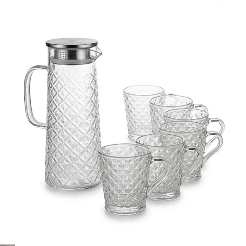 Juego de Jarra De Vidrio Moderna Con Tapa De Acero Inoxidable y 6 Tazas Diseño Relieve