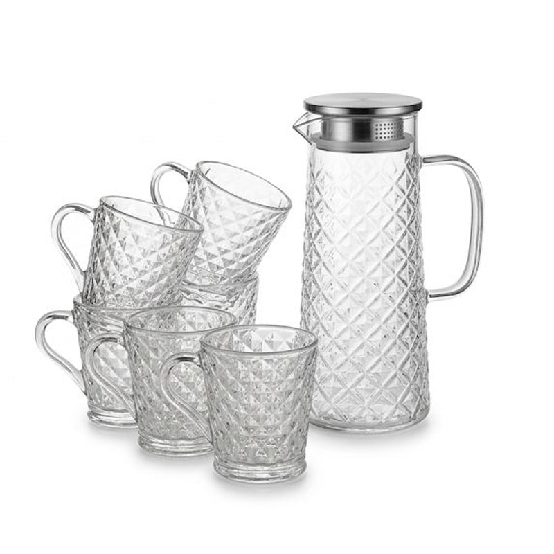 Juego de Jarra De Vidrio Moderna Con Tapa De Acero Inoxidable y 6 Tazas Diseño Relieve