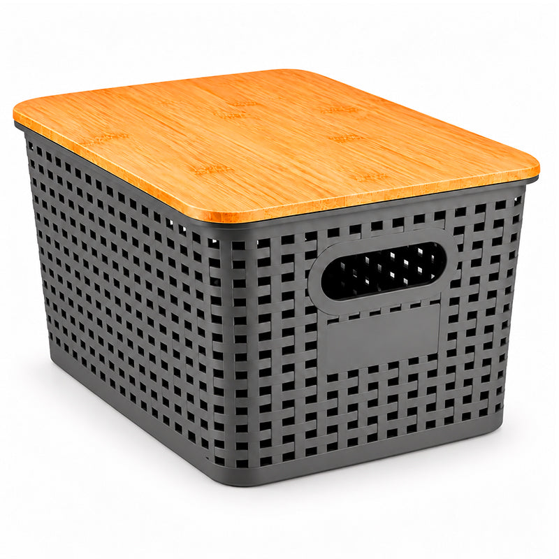 Pack Caja Organizadora Ratán 10Lt Color Gris con tapa de bambú Canasto de baño Cocina