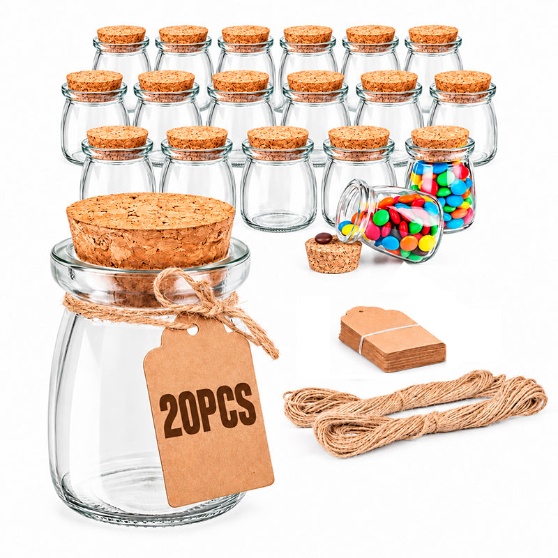20 Frascos De Vidrio 200ml Con Tapa De Corcho+soga+etiqueta
