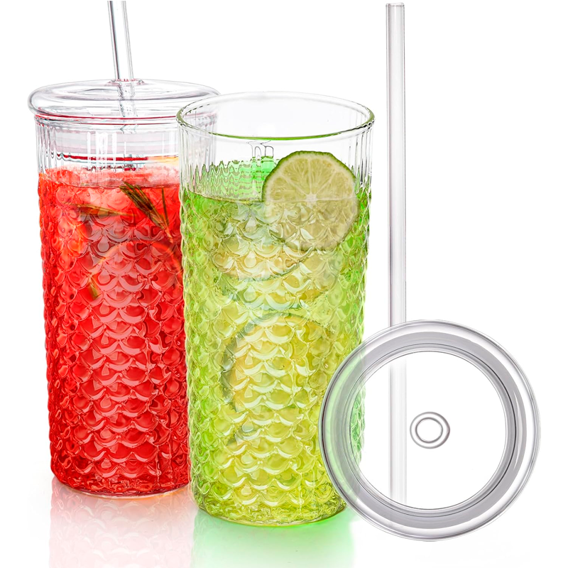 Vaso de Vidrio en Relieve con Tapa y Bombilla 650ml