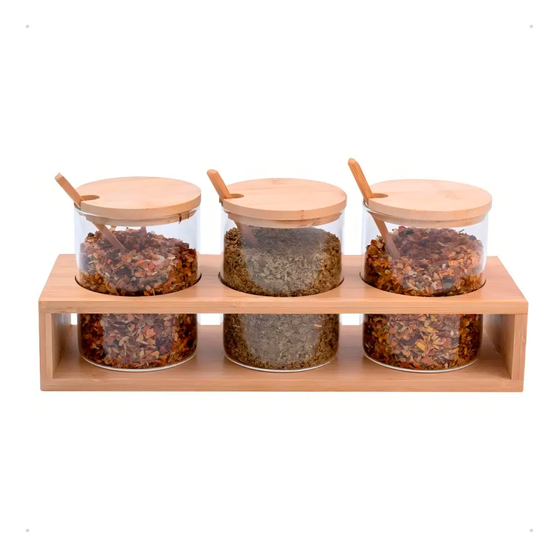 Set 3 frascos vidrio tapa bambú con Soporte Organizadores de Cocina