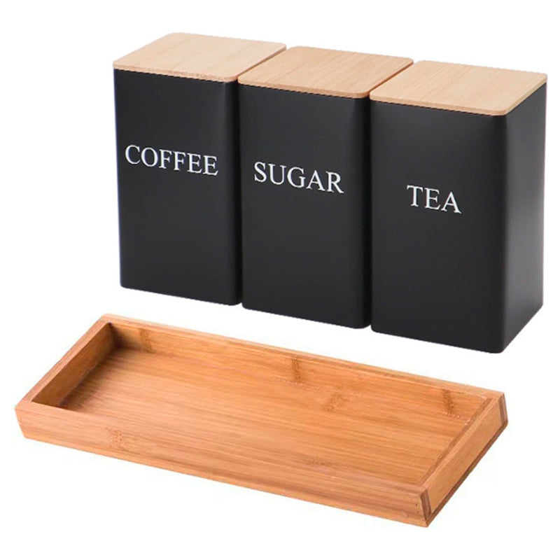 Set de 3 Recipientes de Cocina Hierro con Tapa y Bandeja de Bambu para Café Té y Azúcar