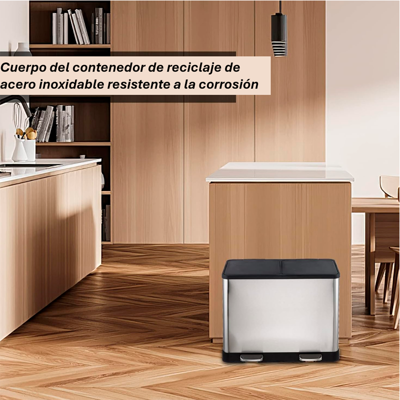 Cubo De Basura Doble Contenedor De Acero Inoxidable 46 Litros Basurero Hogar Plateado