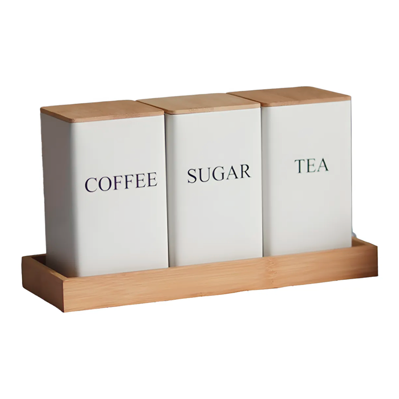Set de 3 Recipientes de Cocina Hierro con Tapa y Bandeja de Bambu para Café Té y Azúcar