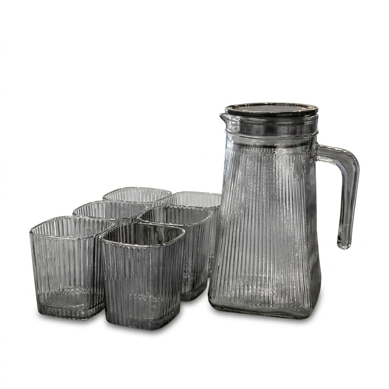 Juego de Jarra De Vidrio Moderna Con Tapa y 6 Vasos Diseño Acanalado