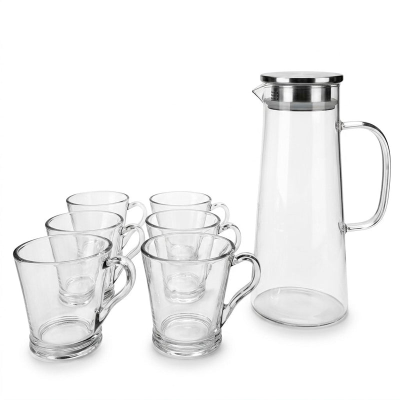 Juego de Jarra De Vidrio Elegante Con Tapa De Acero Inoxidable y 6 Tazas con Asa