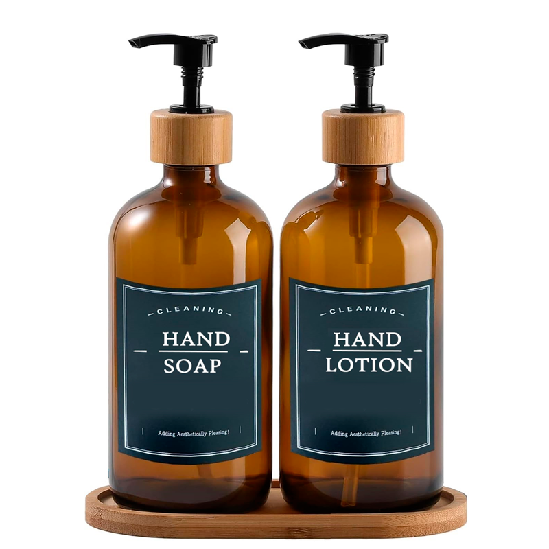 2 Dispensador De Jabon Botella Vidrio Ambar 500 Ml + Bandeja Marrón