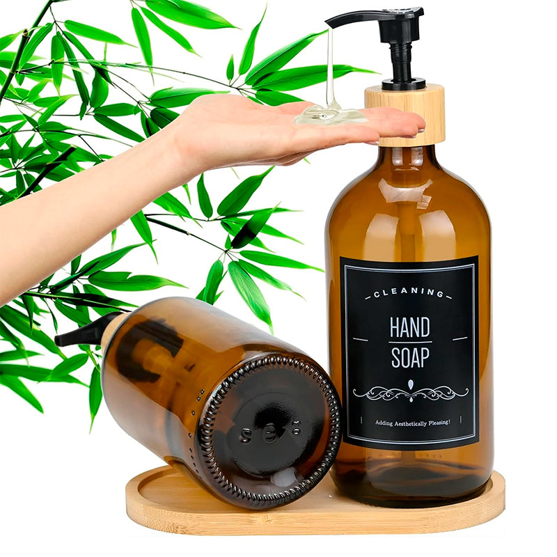 2 Dispensador De Jabon Botella Vidrio Ambar 500 Ml + Bandeja Marrón