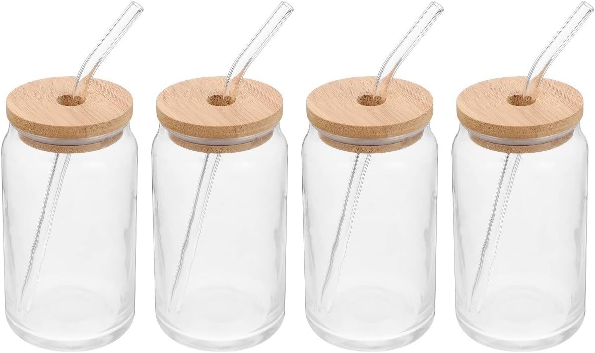 Pack de 4 Vasos Lata de Vidrio con Tapa de Bambú y Bombilla 550ml