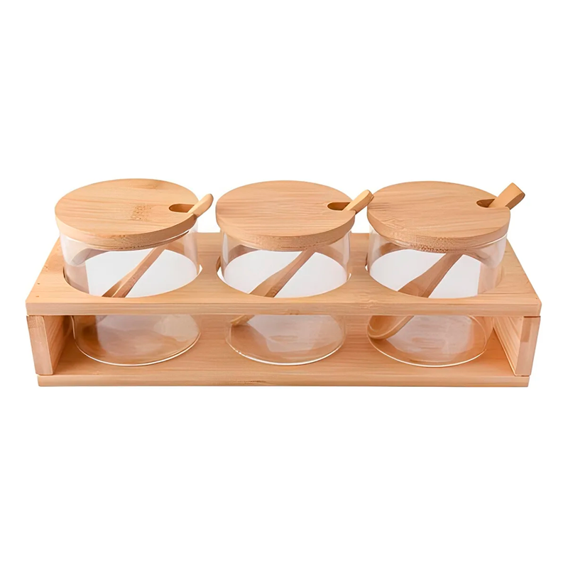 Set 3 frascos vidrio tapa bambú con Soporte Organizadores de Cocina