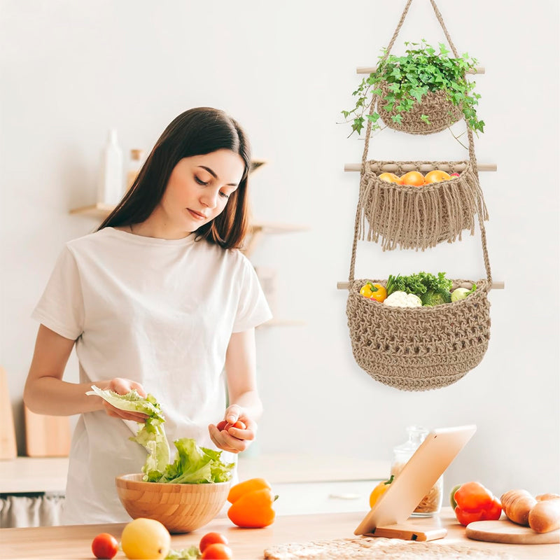 Cestas Colgantes de Frutas Multiusos Decoración Bohemia Soporte de Maceta Tejido a Mano