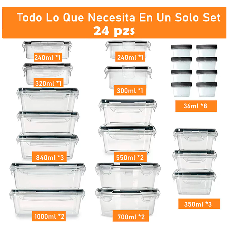 Juego De 24 Tarros Plasticos Apilables Con Tapa Y Cierre Hermeticos