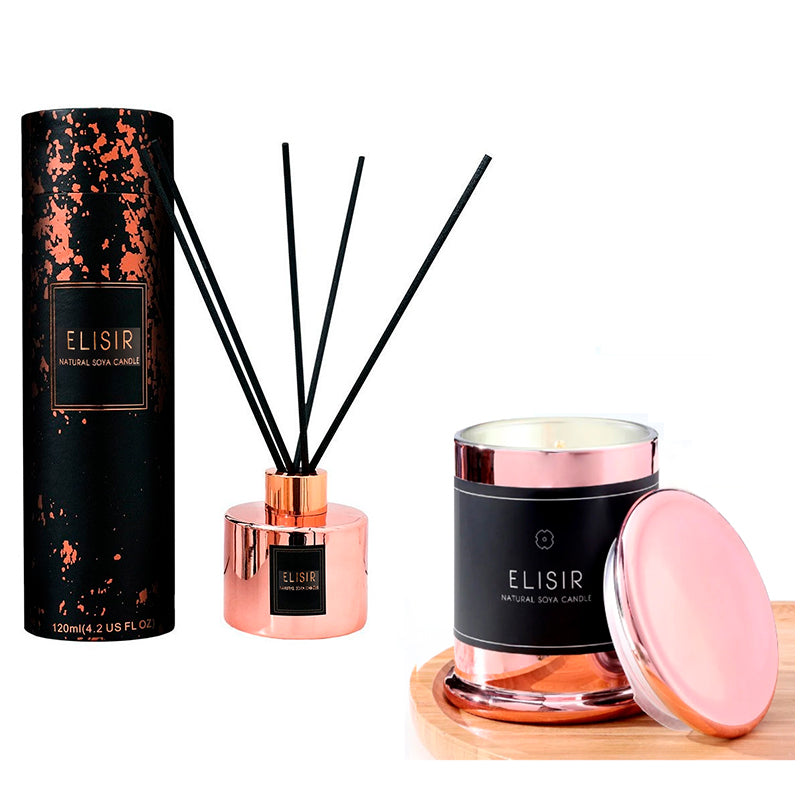 Set Aromatizador Para El Hogar Vela + Difusor Rose Gold Con Varillas