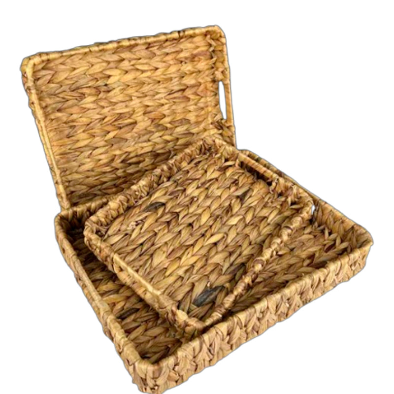 Set 3 Cestas Bajas Bandejas Rectangulares De Almacenamiento Tejidas Cuerda De Yute Marrón