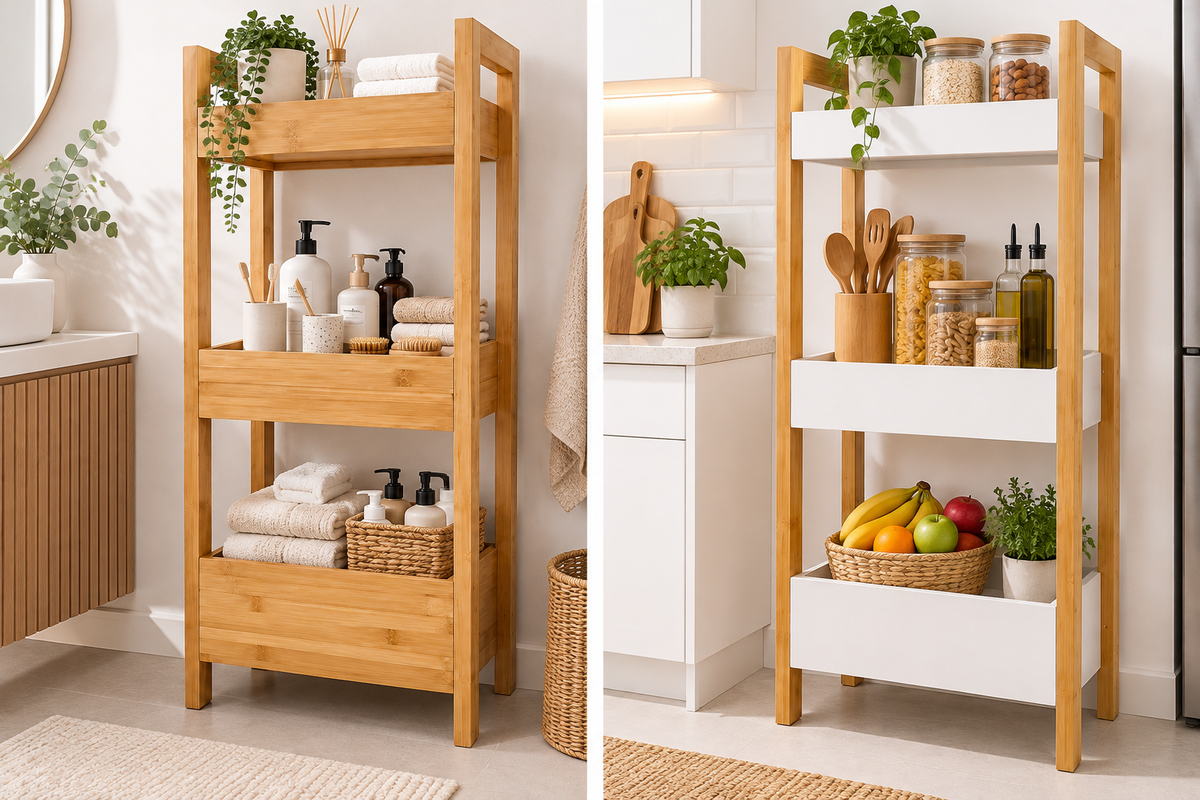 Mueble Baño Cocina 3 Niveles Con Cestas Estante Hogar Bambú Blanco