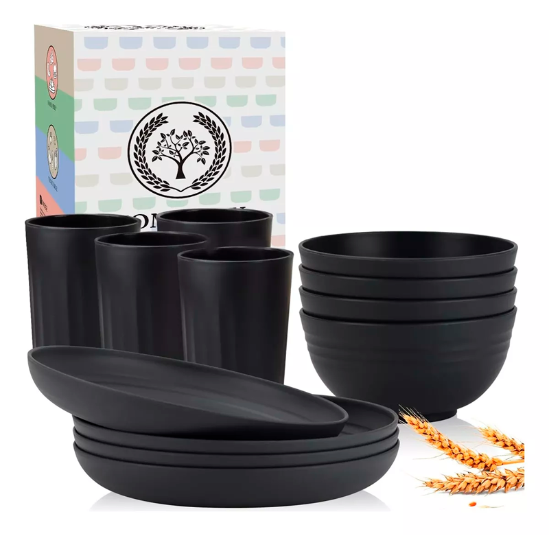 Juego De Vajilla Paja Trigo De 16 Pzas Para 4 Personas Negro