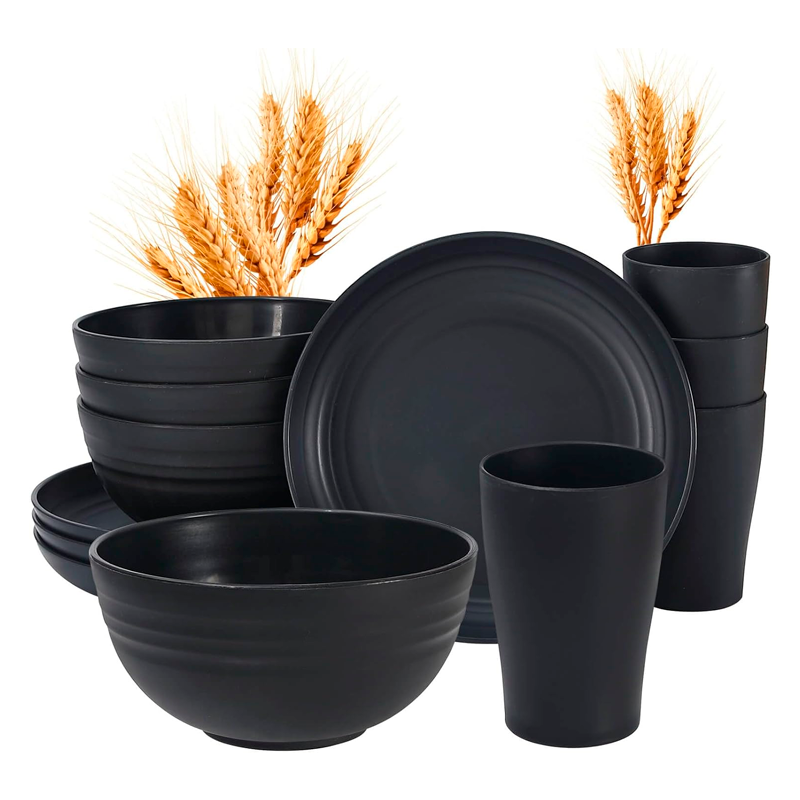 Juego De Vajilla Paja Trigo De 16 Pzas Para 4 Personas Negro