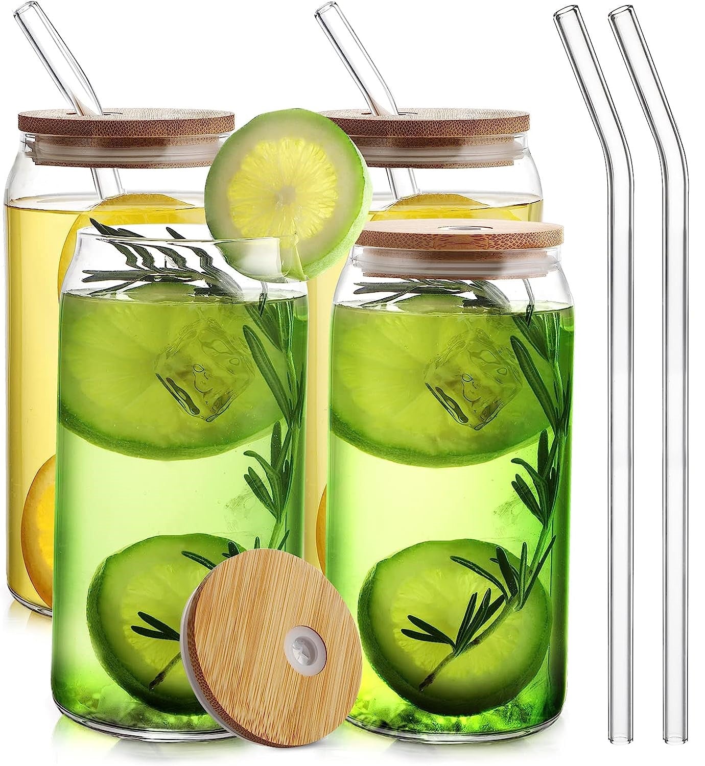 Pack de 4 Vasos Lata de Vidrio con Tapa de Bambú y Bombilla 550ml