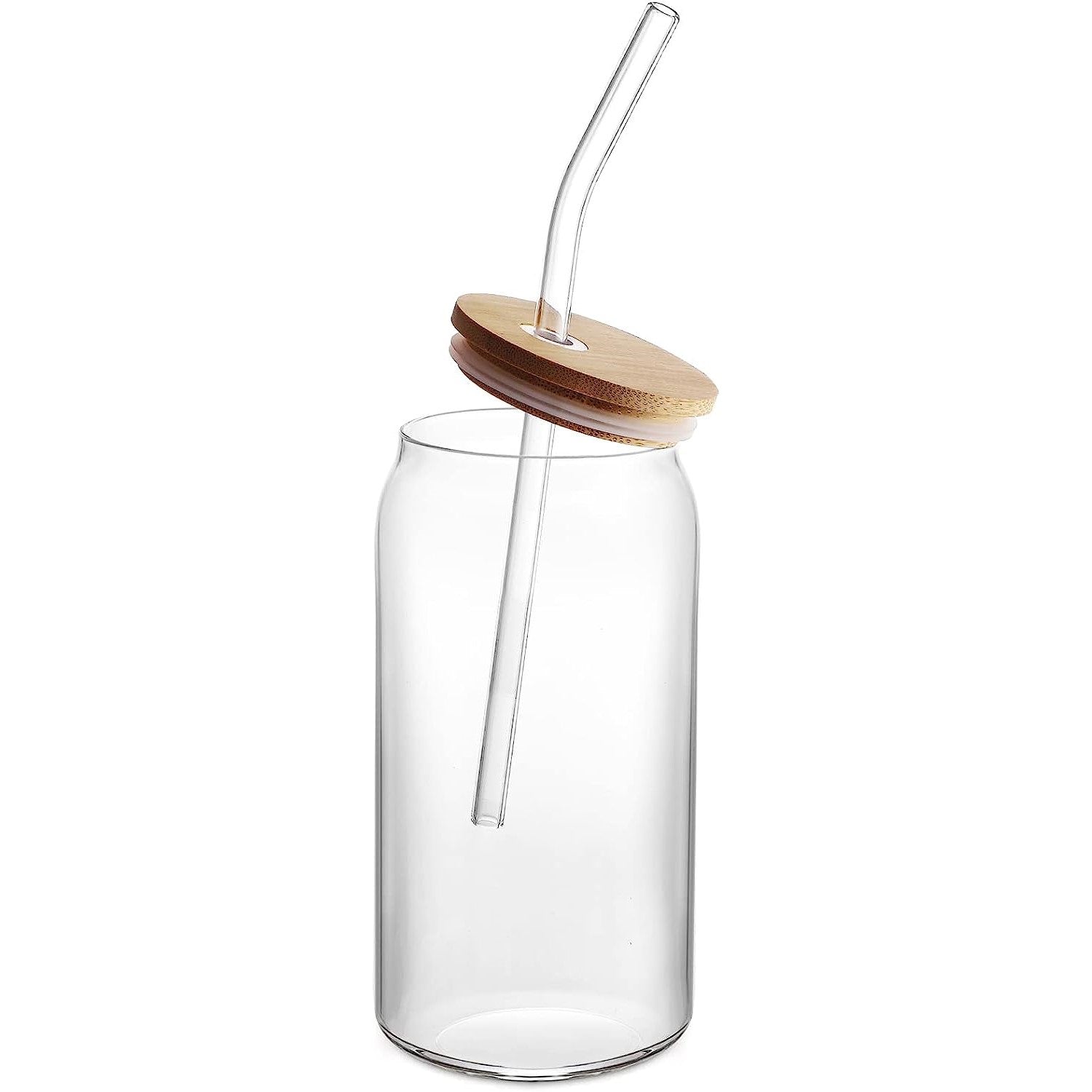 Vaso Lata de Vidrio con Tapa de Bambú y Bombilla 550ml Unidad