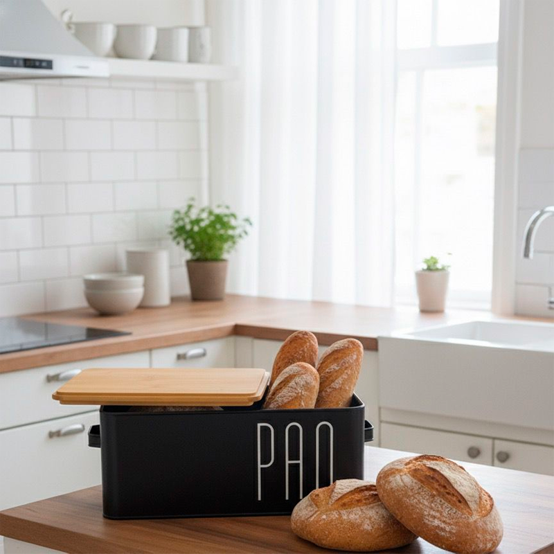 Paneras Caja de Pan Caja Acero Inoxidable con Tapa Tabla De Cortar De Bambú