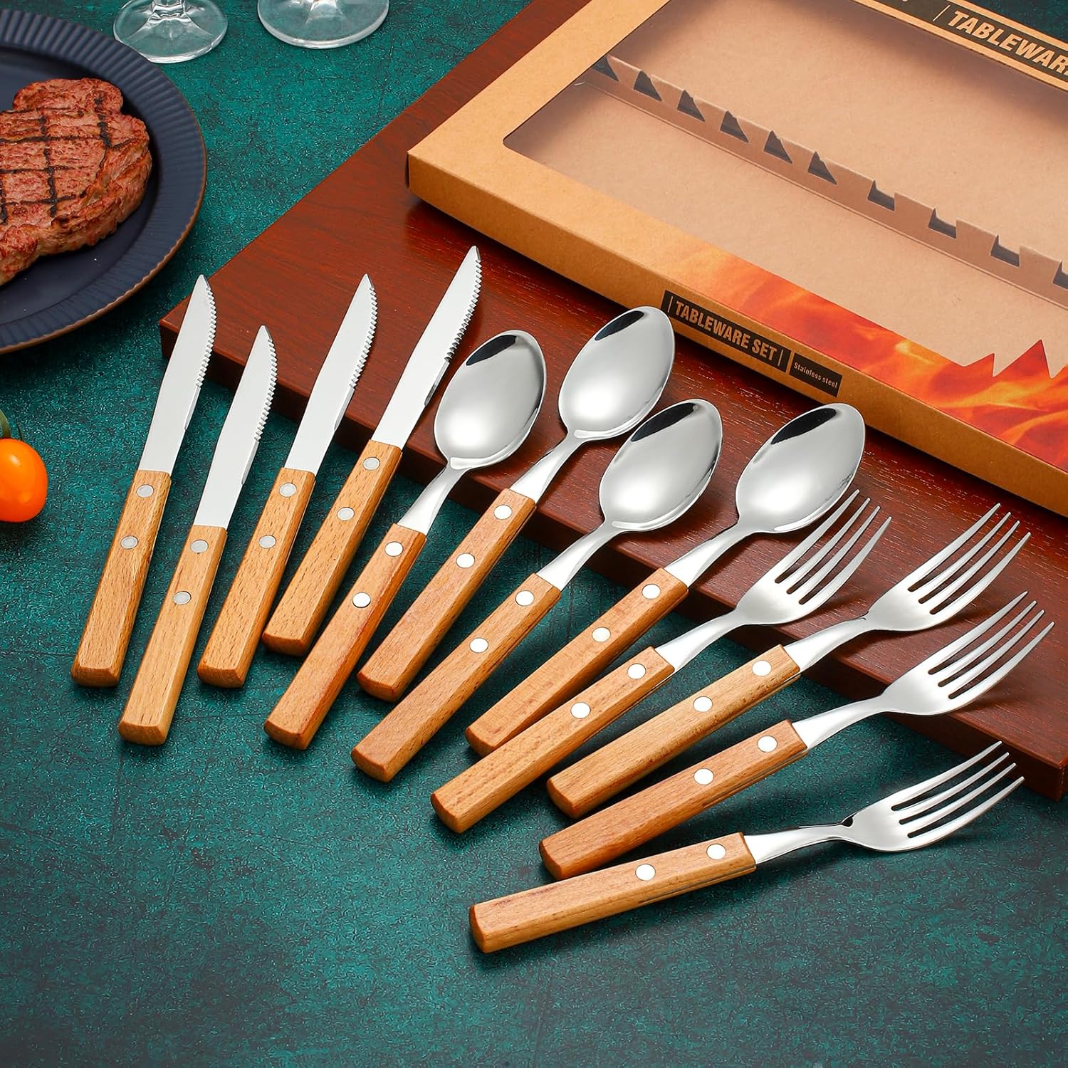 Set De Cubiertos Para Asado 18pieza Cuchilleria Mango Madera Madera