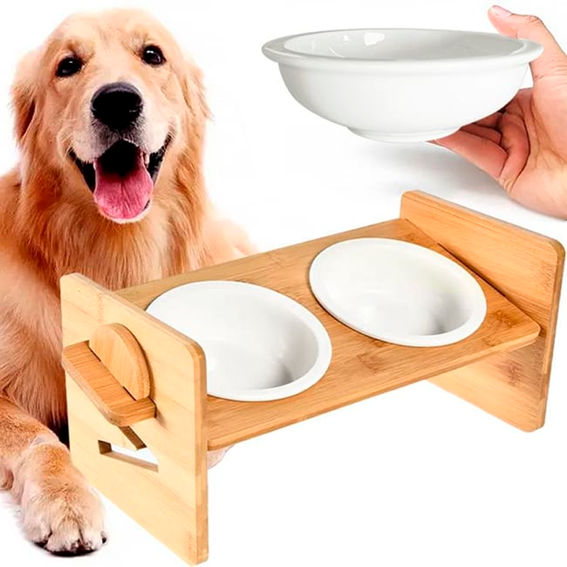 Comedero Elevado para Mascotas Cuenco Ajustable de Bambu Natural para Perros y Gatos