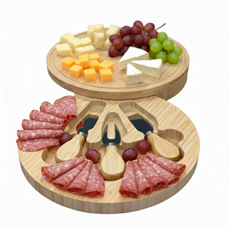 Tabla Redonda de Bambú para Quesos con 3 Herramientas de Acero Inoxidable
