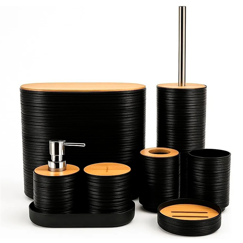 Set De 8 Accesorios Para Baño Con Tapa De Bambu Papelera Wc