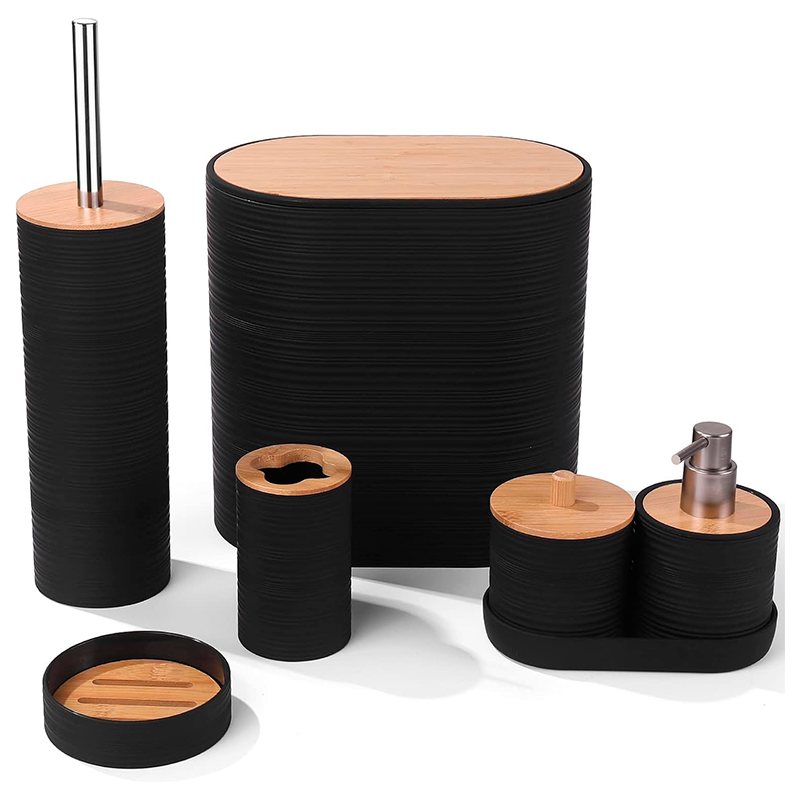 Set De 8 Accesorios Para Baño Con Tapa De Bambu Papelera Wc