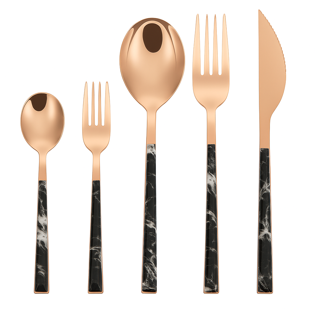 Juego De Cuchilleria 6 Piezas Dorado Mango Efecto Mármol Cuchara Cucharilla Tenedor