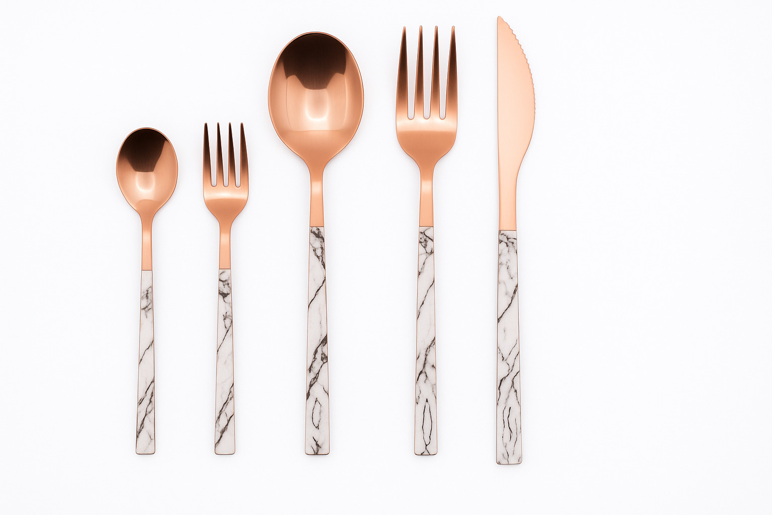 Juego De Cuchilleria 6 Piezas Gold Rose Mango Efecto Mármol Cucharilla Cuchara Tenedor