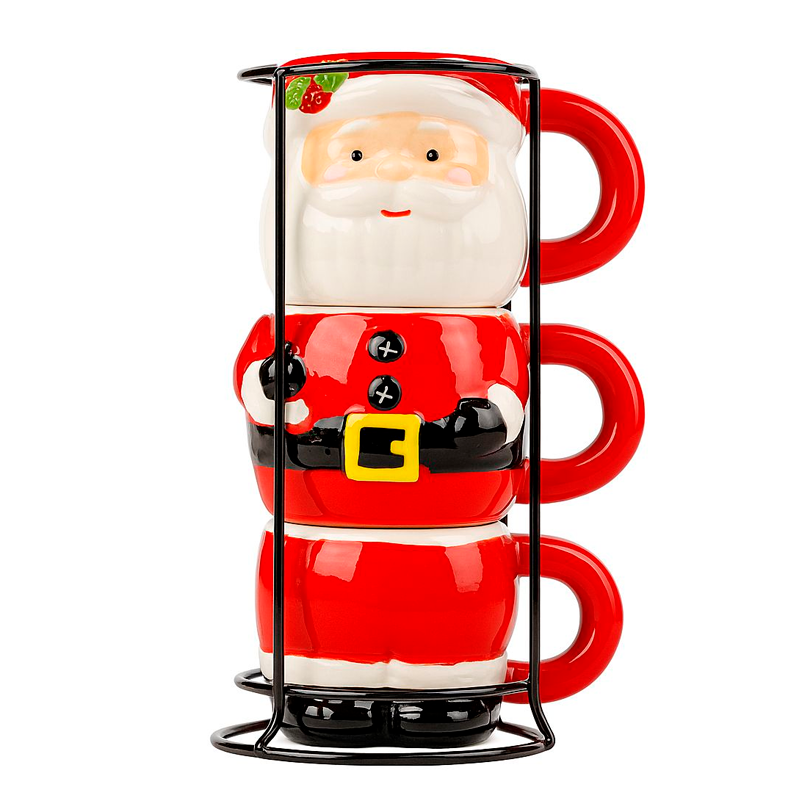 Set 3 Tazas De Cafe Mug De Viejito Pascuero Adorno Navidad Rojo