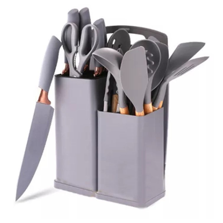 Juego de Utensilios de Cocina de 19 piezas con Base y Tabla de Cortar
