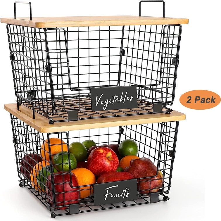 Set de 2 Cestas Organizador con Tapa de Bambú Almacenamiento para Frutas y Verduras
