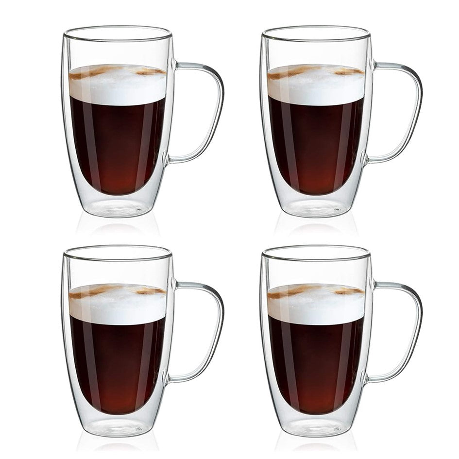 Set de 4 Tazas de Café Mug Vidrio de Doble Pared con Asa Meway