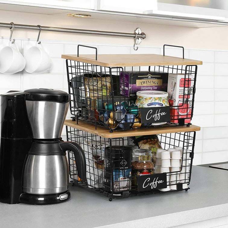 Set de 2 Cestas Organizador con Tapa de Bambú Almacenamiento para Frutas y Verduras