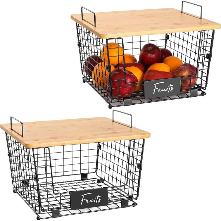 Set de 2 Cestas Organizador con Tapa de Bambú Almacenamiento para Frutas y Verduras