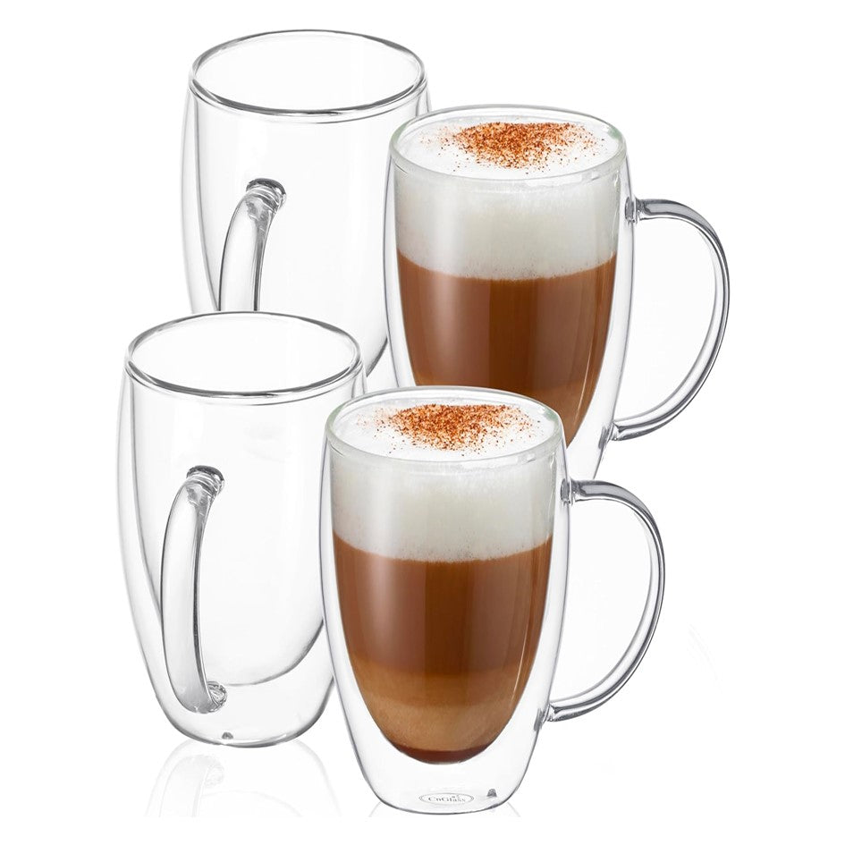 Set de 4 Tazas de Café Mug Vidrio de Doble Pared de 16 Onzas con Asa Meway
